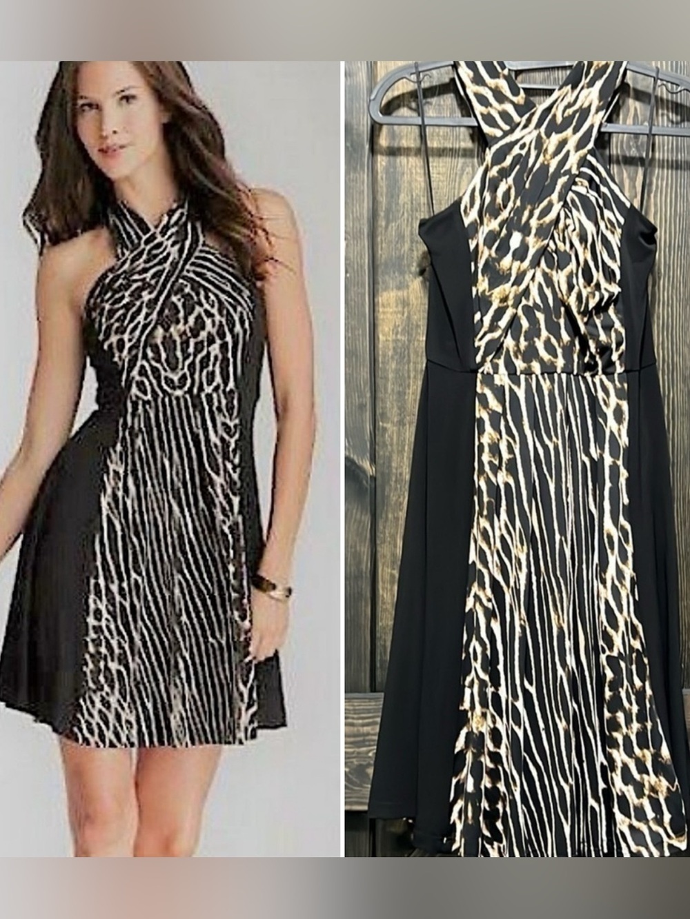 Vince Camuto Animal Print Crisscross Halter Dress Black Cheetah Zebra 4 Cocktail